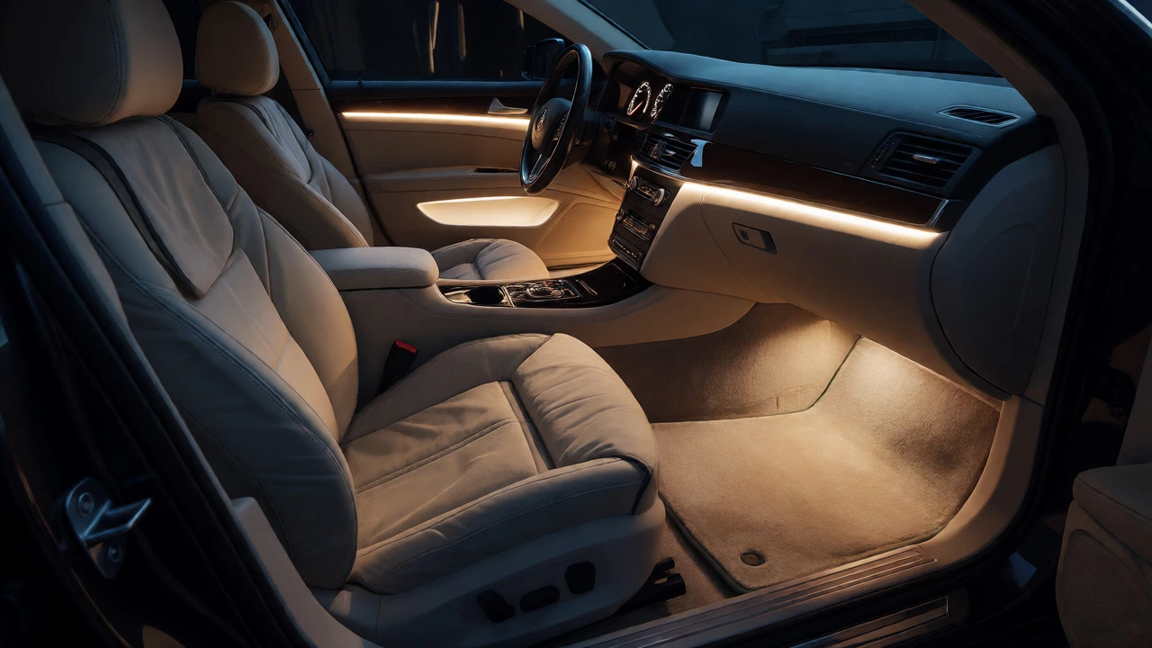 Car interior at night with warm ambient LED lighting and tailored mats