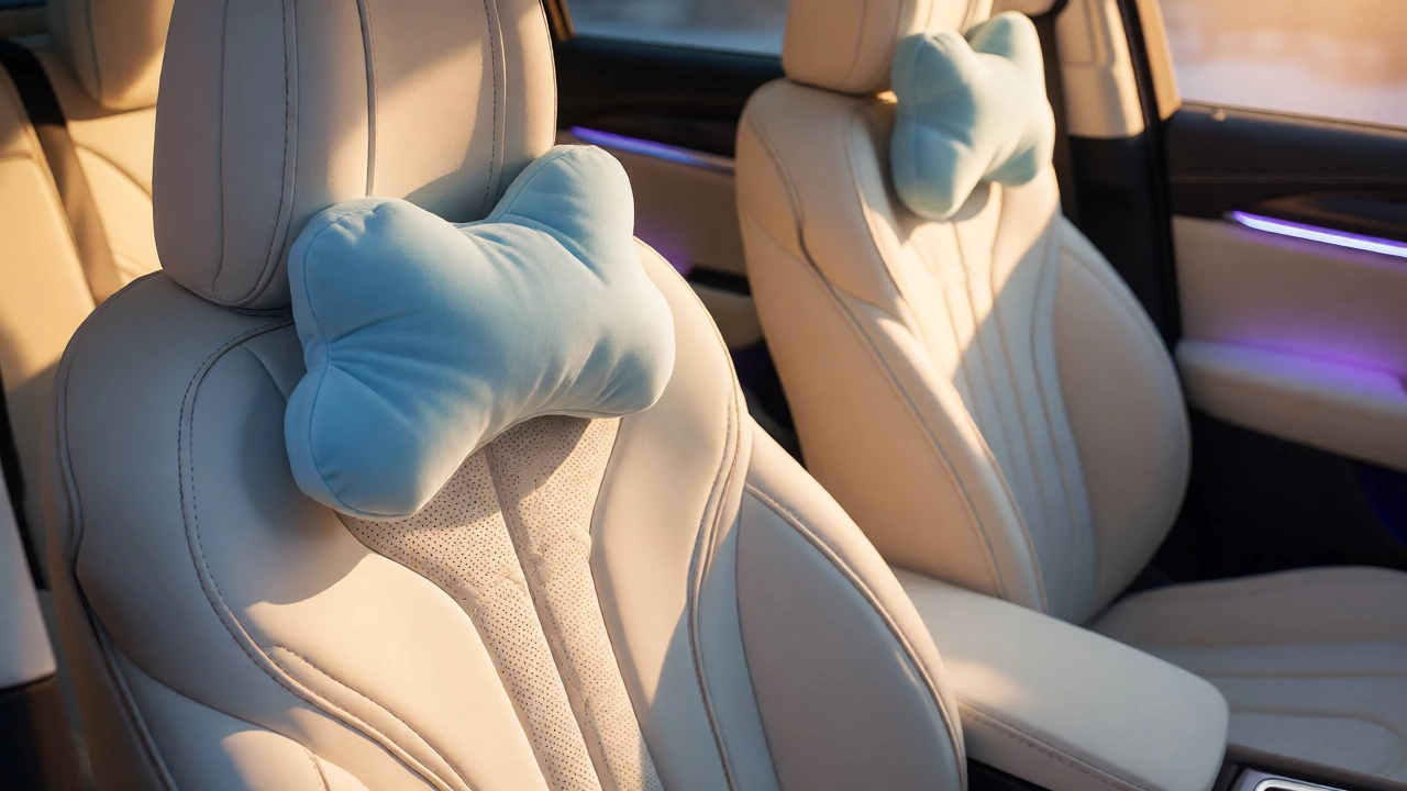 Cream faux leather seat covers with a plush cloud-shaped neck pillow
