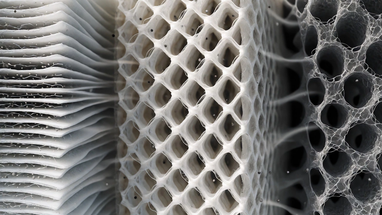 Cross-section comparison of paper, cotton, and foam air filter materials trapping dust