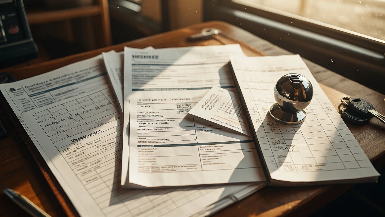 Desk with maintenance records and car keys symbolizing warranty protection