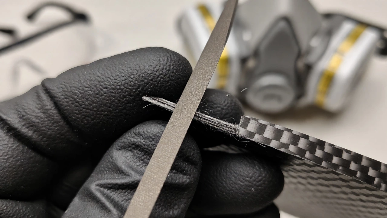 Gloved hand carefully filing the rough edge of a carbon fiber component.