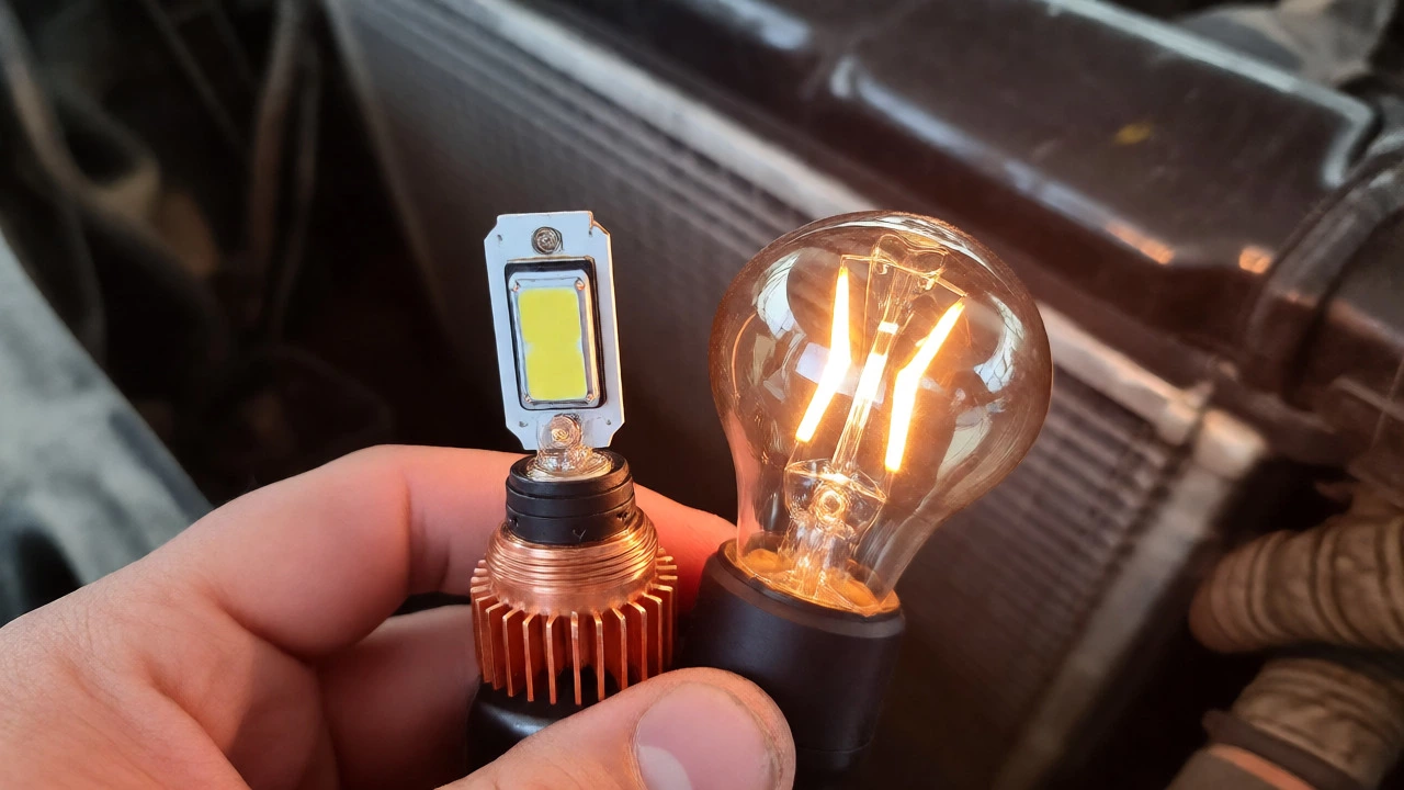 Hand holding an LED bulb and a halogen bulb inside a car engine bay