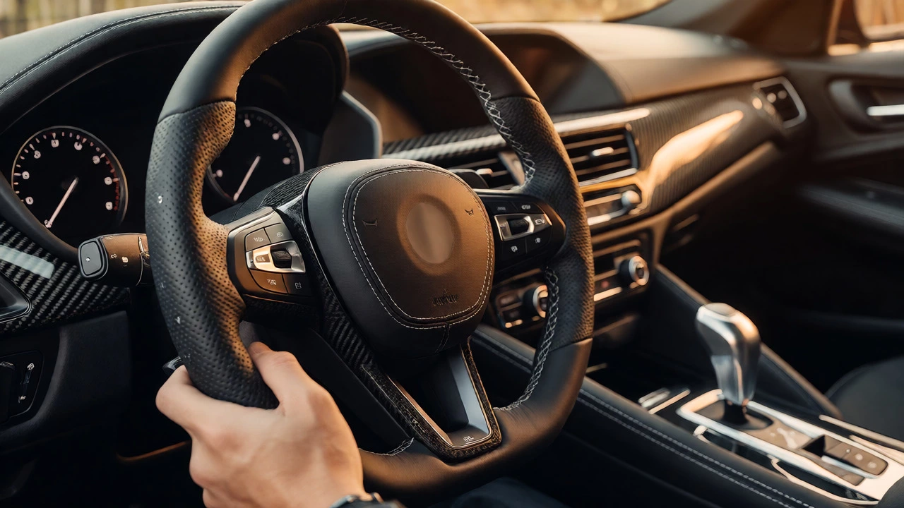 Hands on perforated leather steering wheel with carbon fiber dash trim