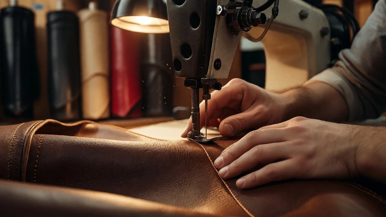 Hands sewing dark leather hide with an industrial machine in a workshop