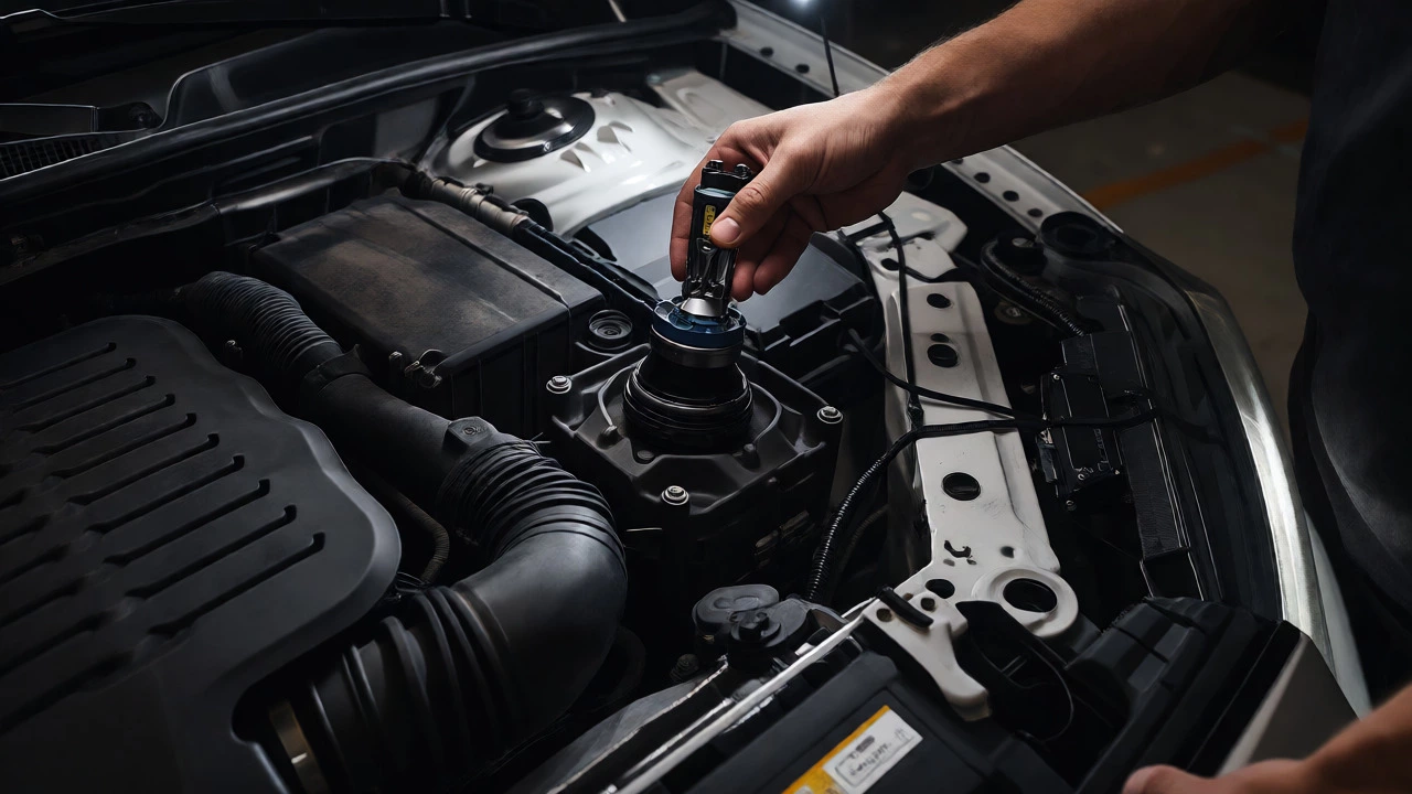 Installing an LED headlight bulb and securing the driver module in the engine bay.