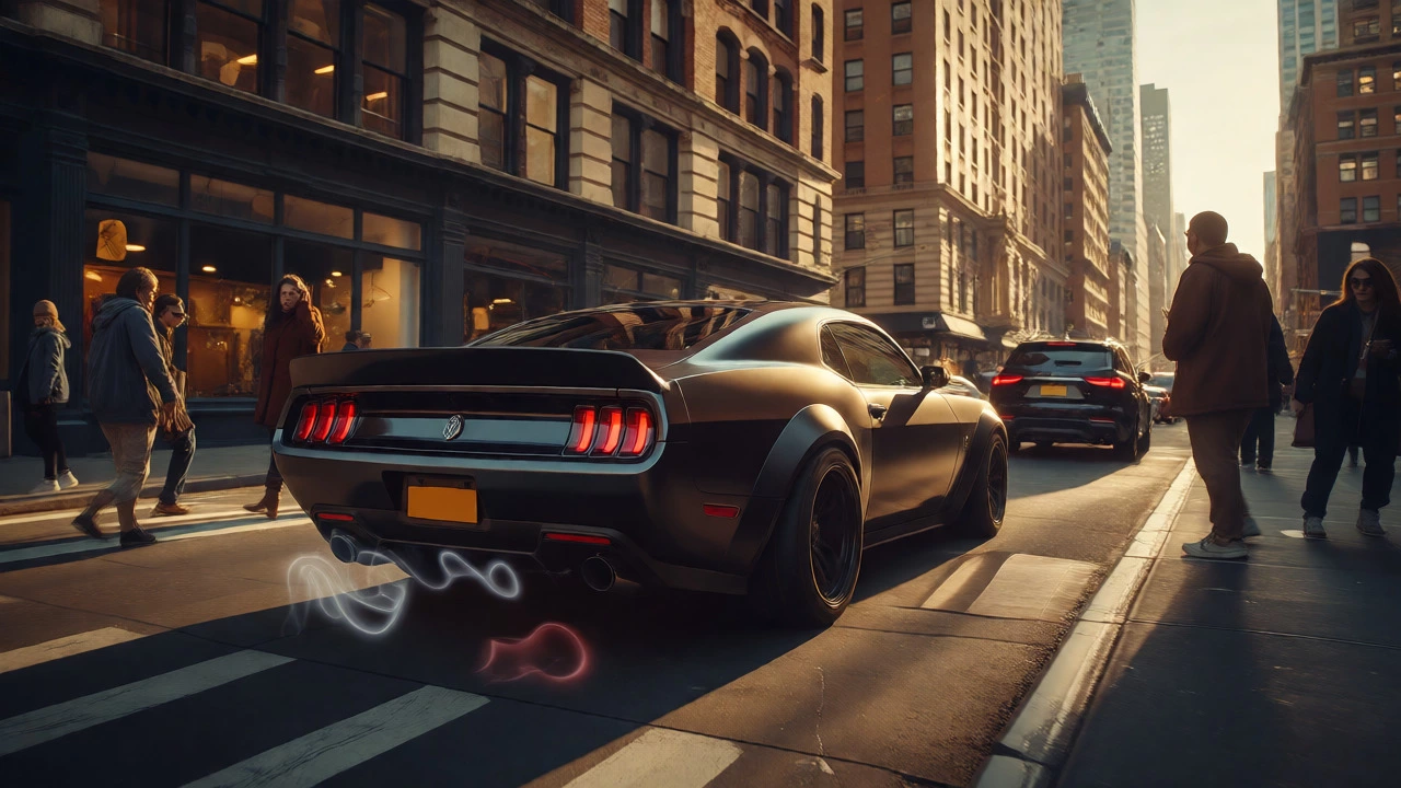 Loud car driving through crowded NYC street