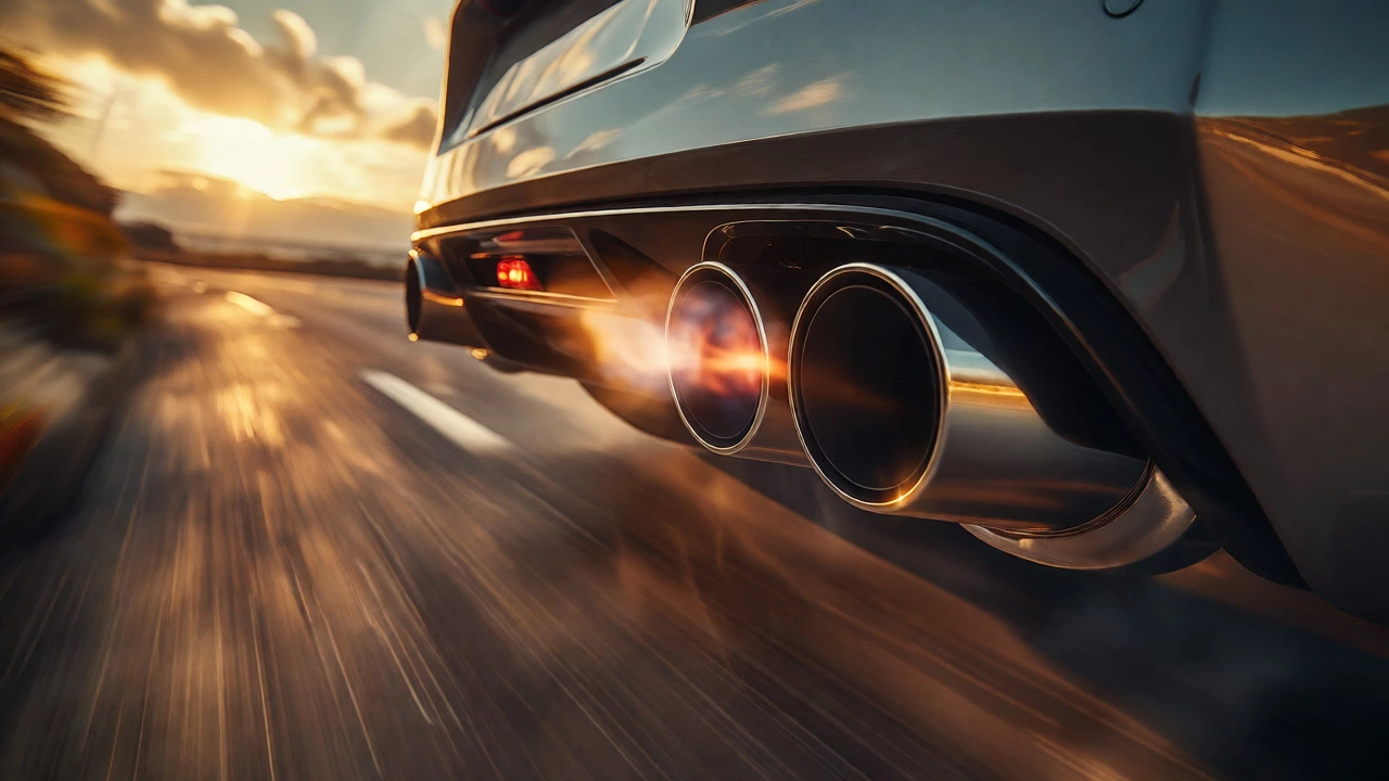 Low-angle shot of a sports car's exhaust tips emitting heat haze during acceleration at sunset.
