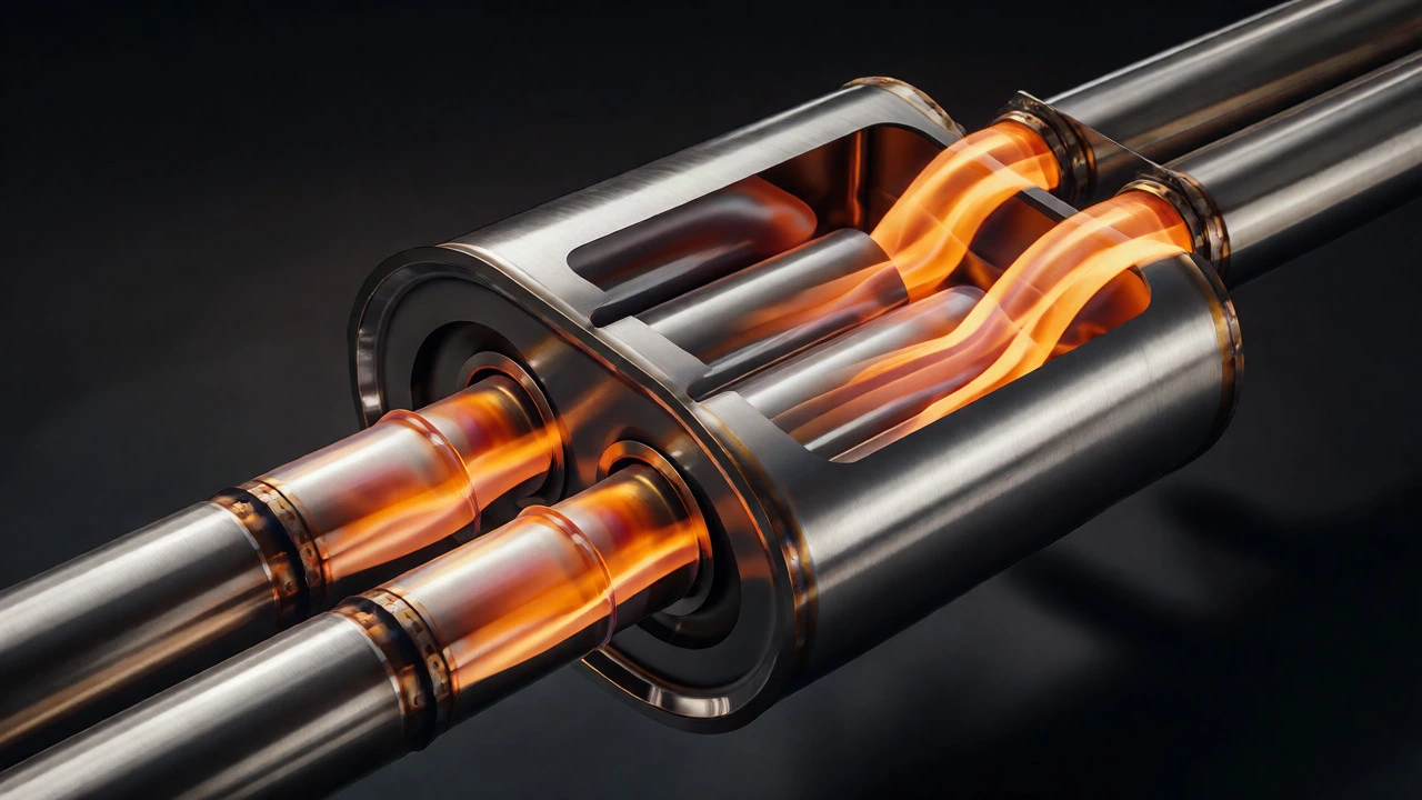 Macro view of airflow inside a multi-chambered stainless steel exhaust muffler.