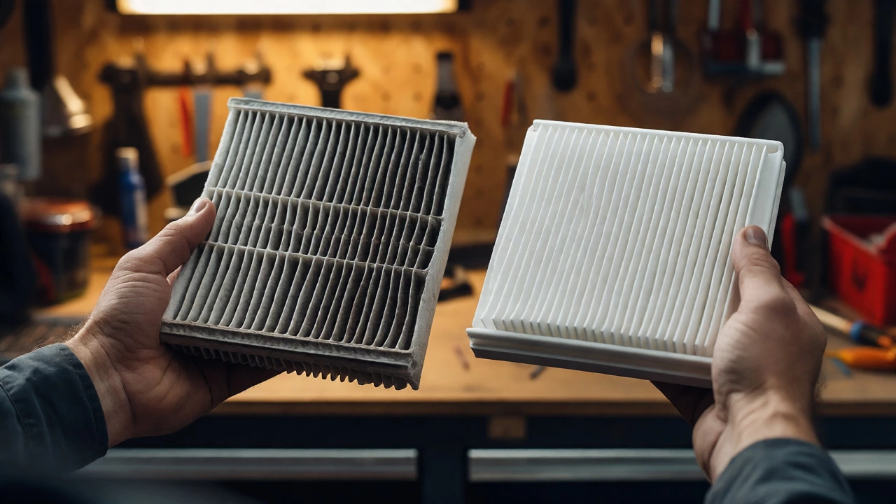 Mechanic comparing dirty paper air filter with clean synthetic nano-fiber filter