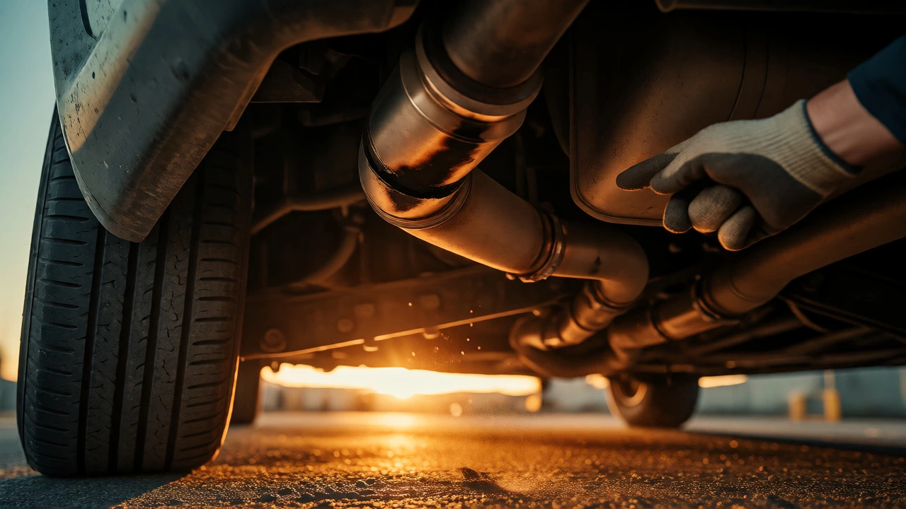 Mechanic inspecting a soot leak from an exhaust joint