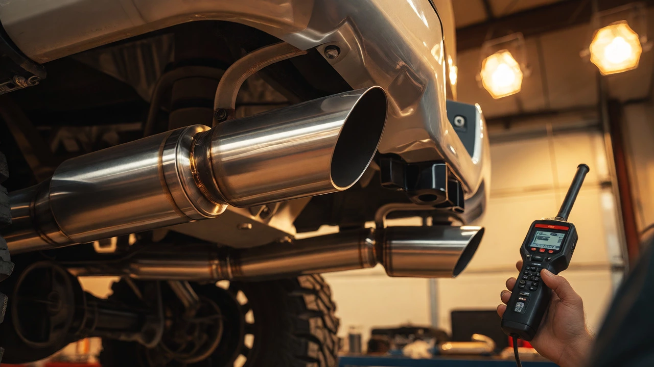 Mechanic measures loud exhaust with sound meter