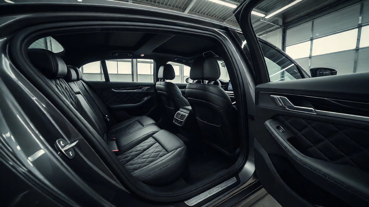Modern car interior with black diamond-stitched leather seats and doors