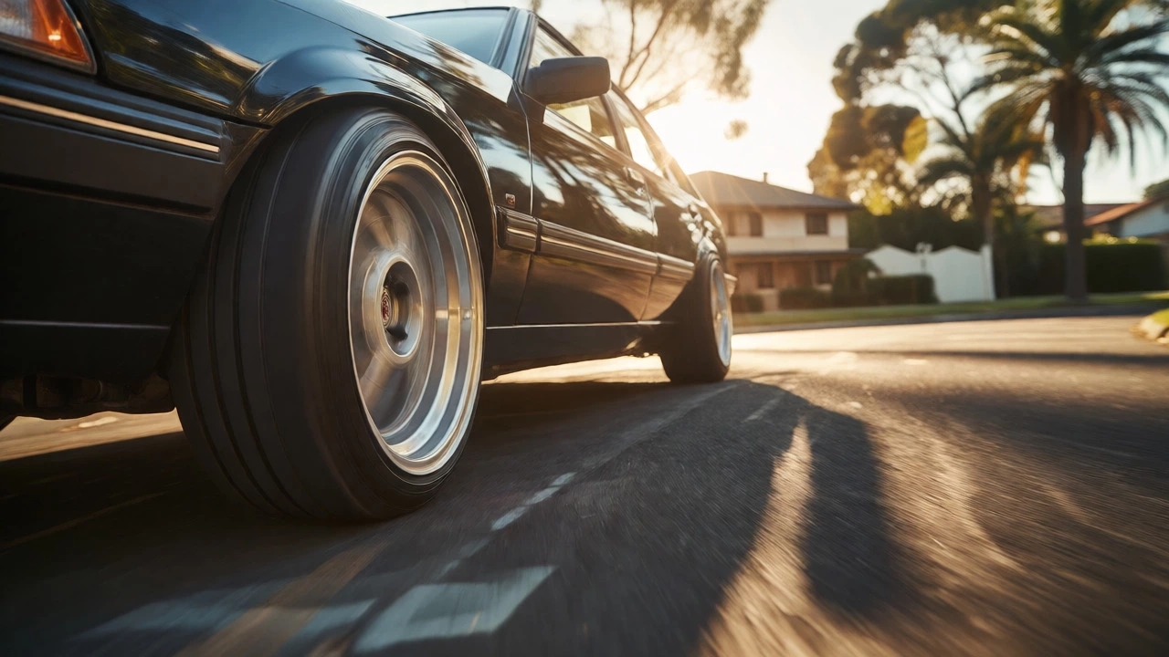 Modified sedan with wide tires and wheel spacers taking a corner on a sunny suburban street.