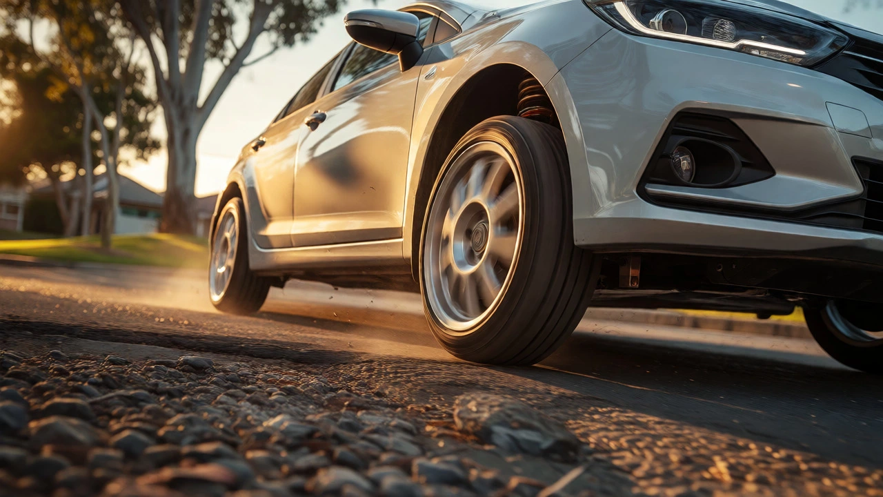 Silver hatchback driving over bumps with visible coilover compression