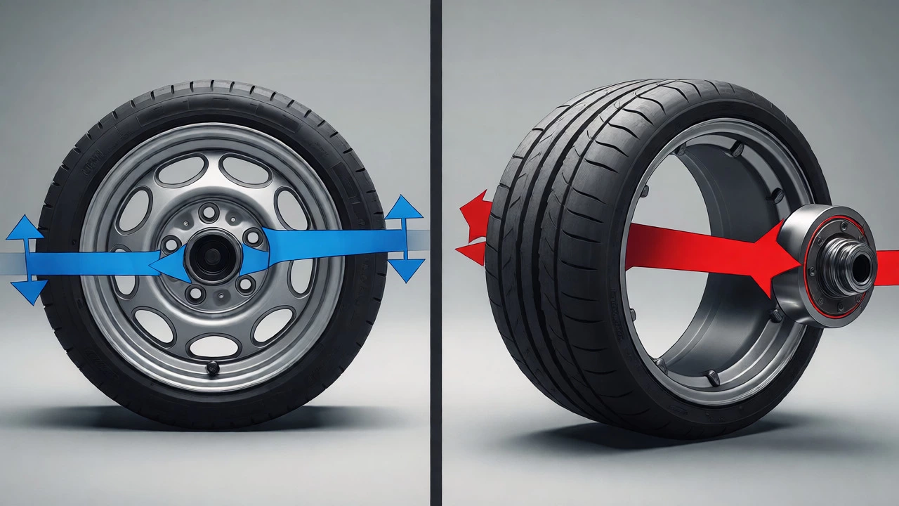 Technical illustration comparing standard wheel mounting versus spacer installation and resulting stress forces.