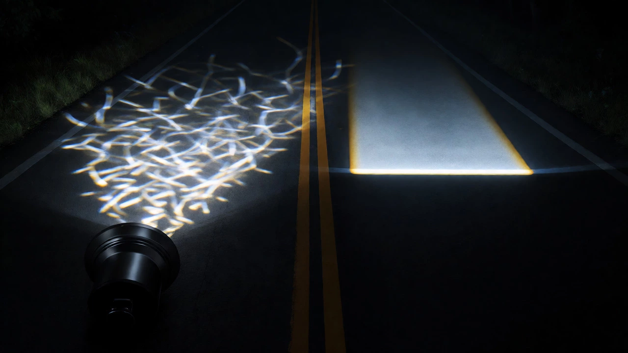 Visualizing scattered vs precise light beam patterns on a dark road