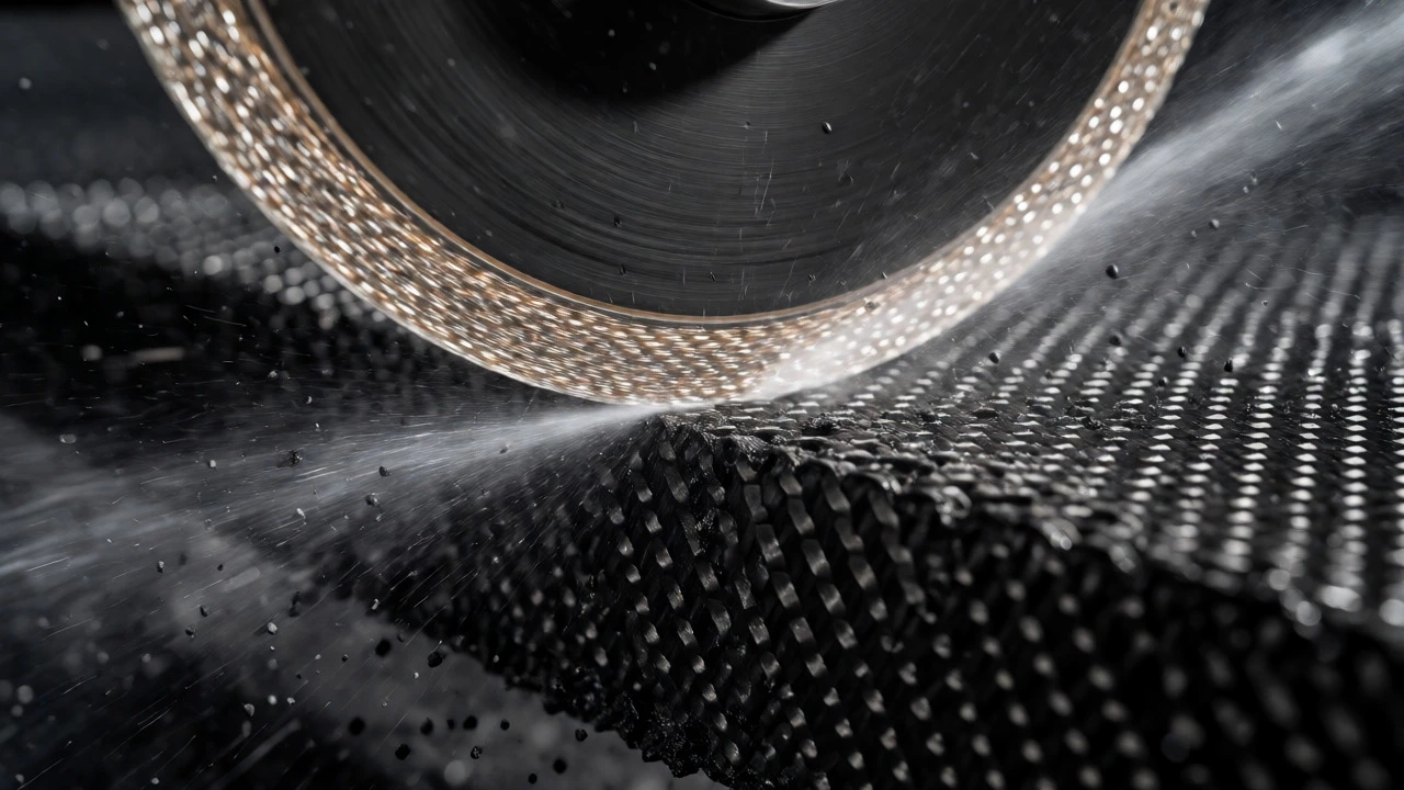Water-cooled diamond blade slicing through carbon fiber with visible mist.